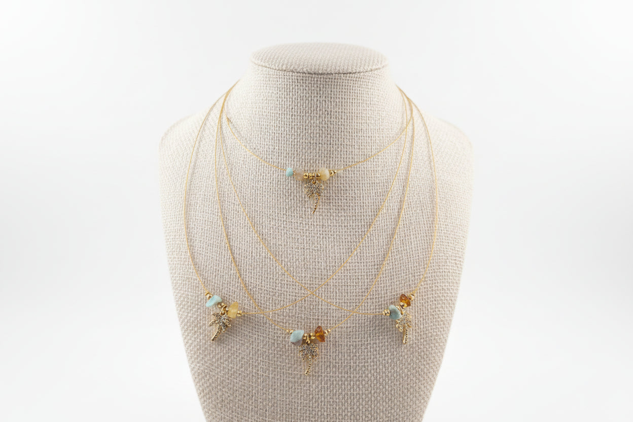 Choker de Guaya con Palmera y Piedras Chispa de Larimar y Ámbar
