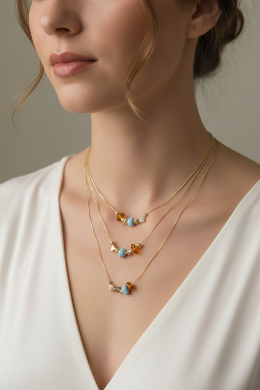Cadena Corazón con Larimar y Ámbar