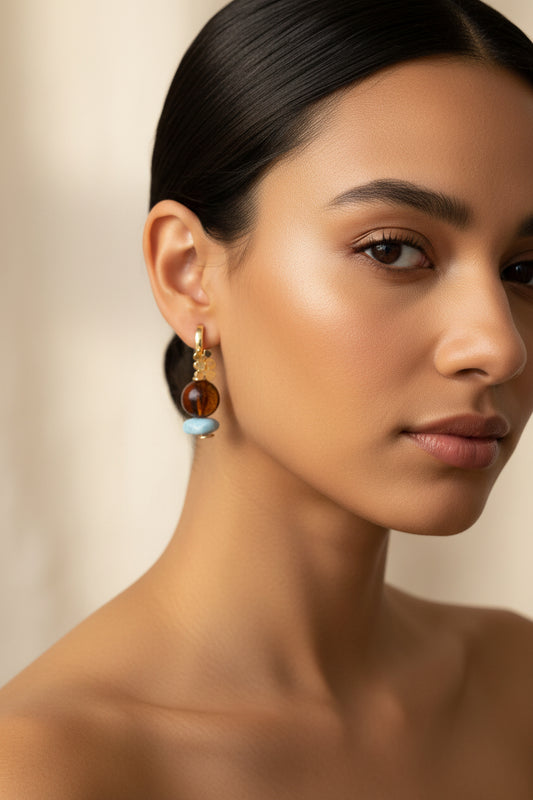 Argollas Artesanales de Larimar y Ámbar | Larimar & Amber Earrings