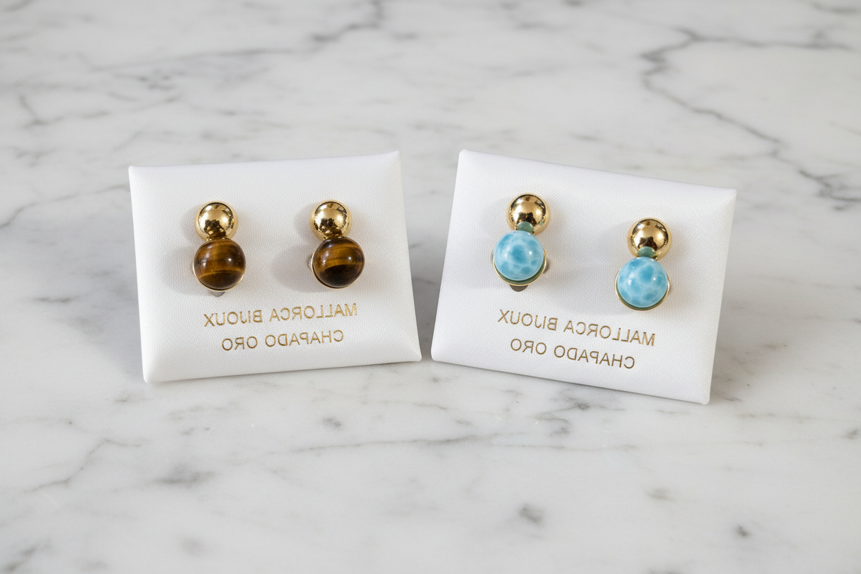 Dominican Gemstone Earrings – Amber & Larimar | Aretes de Gemas Dominicanas – Ámbar y Larimar Doble bola #18 15555