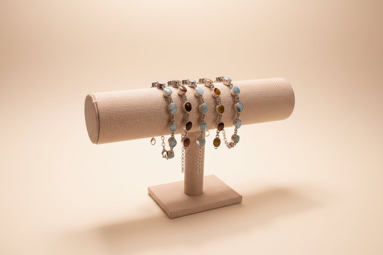 Caribe Dual – Pulsera Reversible Ámbar & Larimar | Reversible Amber & Larimar Bracelet