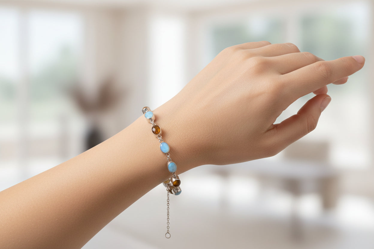 Caribe Dual – Pulsera Reversible Ámbar & Larimar | Reversible Amber & Larimar Bracelet