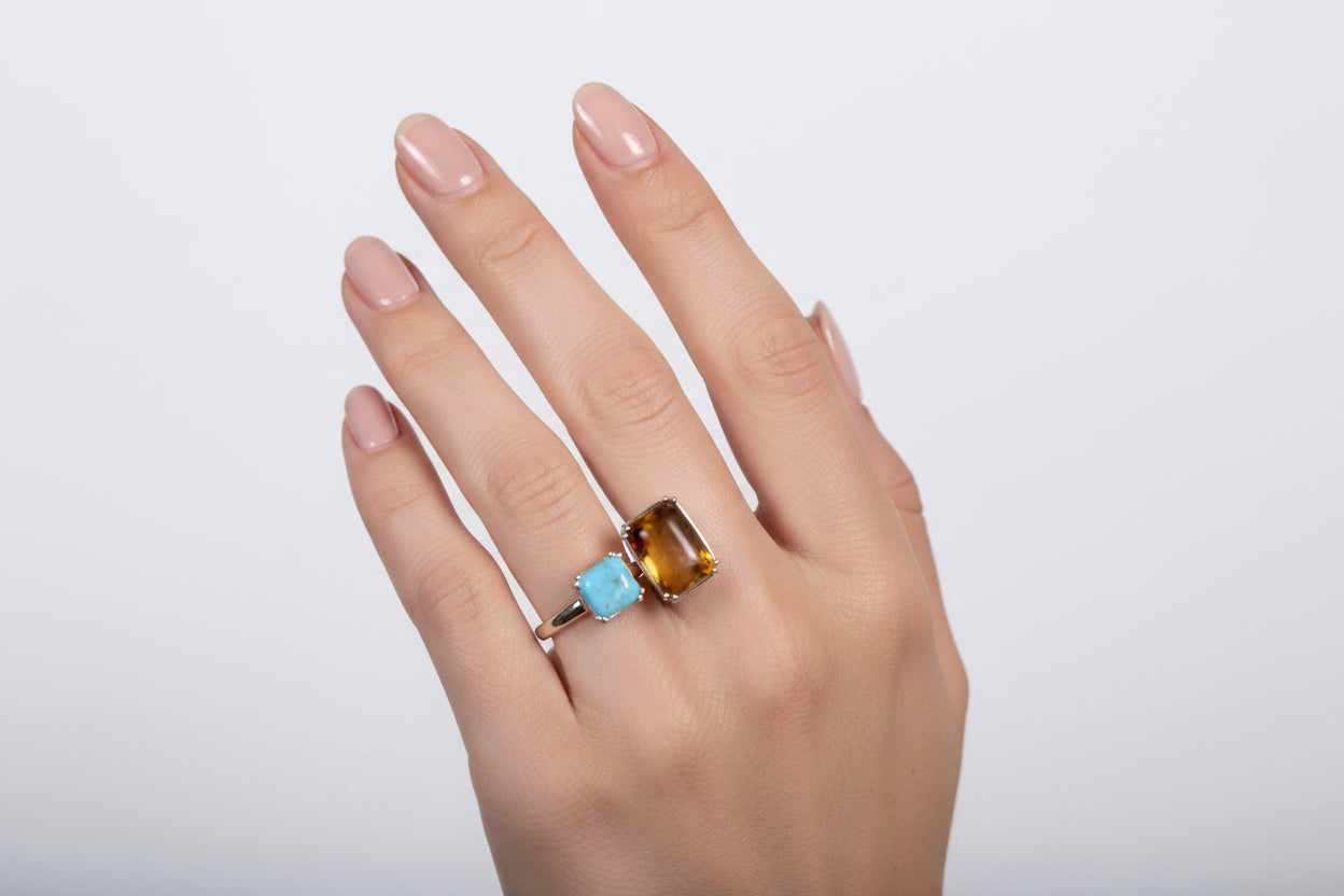 Anillo Cruzado de Ámbar y Larimar – Ajustable | Crossover Amber & Larimar Ring – Adjustable