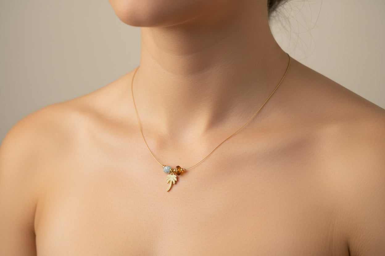 Choker de Guaya con Palmera y Piedras Chispa de Larimar y Ámbar