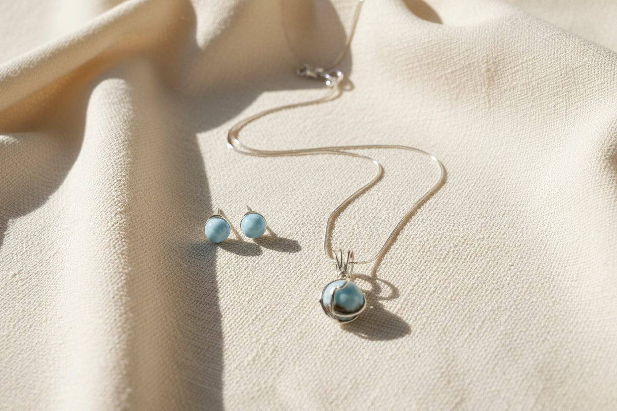 Cordón de Plata con Bola de Larimar + Dormilonas de Larimar – Plata 925