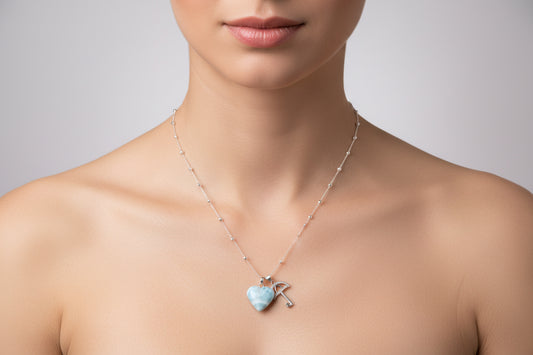 Cadena de Plata 925 con Corazón de Larimar y Sombrilla