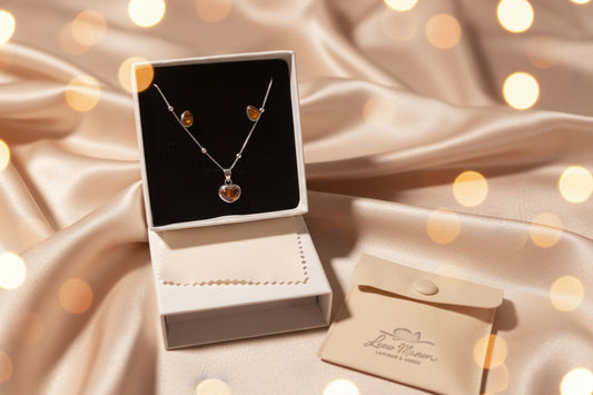 Aretes-Cadena de Plata con Corazón de Ámbar