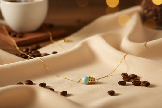 Cadena Coffee Love – Taza de Café, Larimar y Corazones