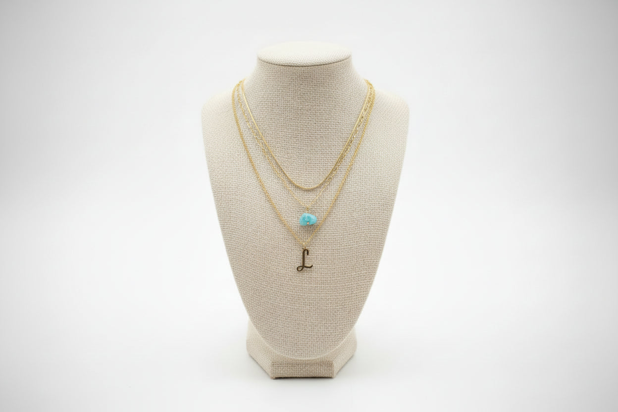 Layered Gold Plated Necklace with Initial & Natural Stone