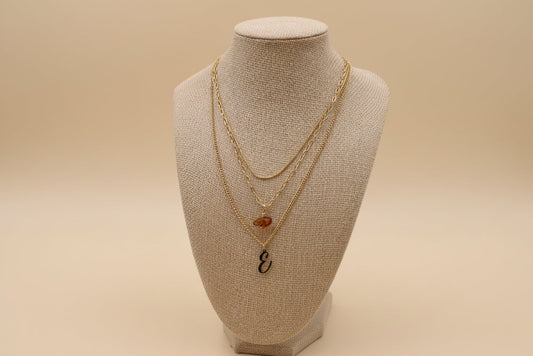 Layered Gold Plated Necklace with Initial & Natural Stone
