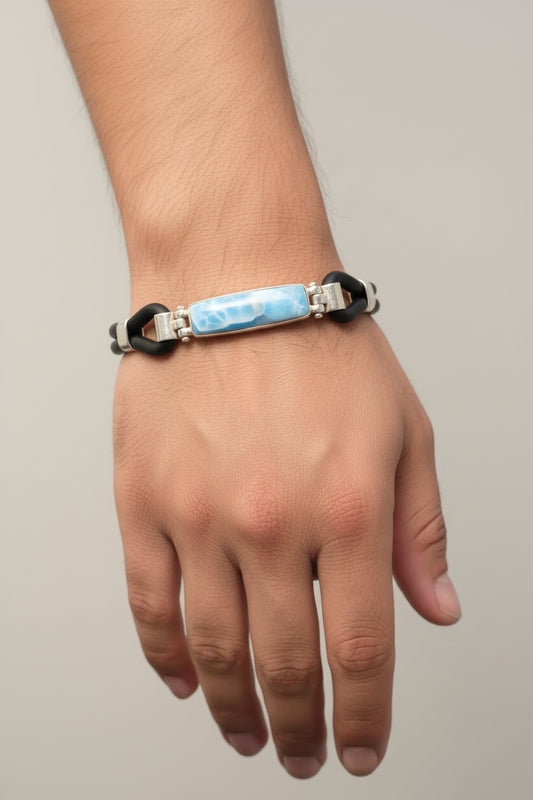 Men's Larimar Bracelet - Sterling Silver & Waterproof Cord