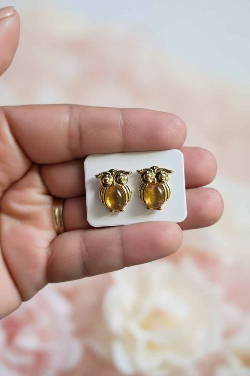 Aretes Búho de Ámbar Dominicano — Owl Earrings in Dominican Amber