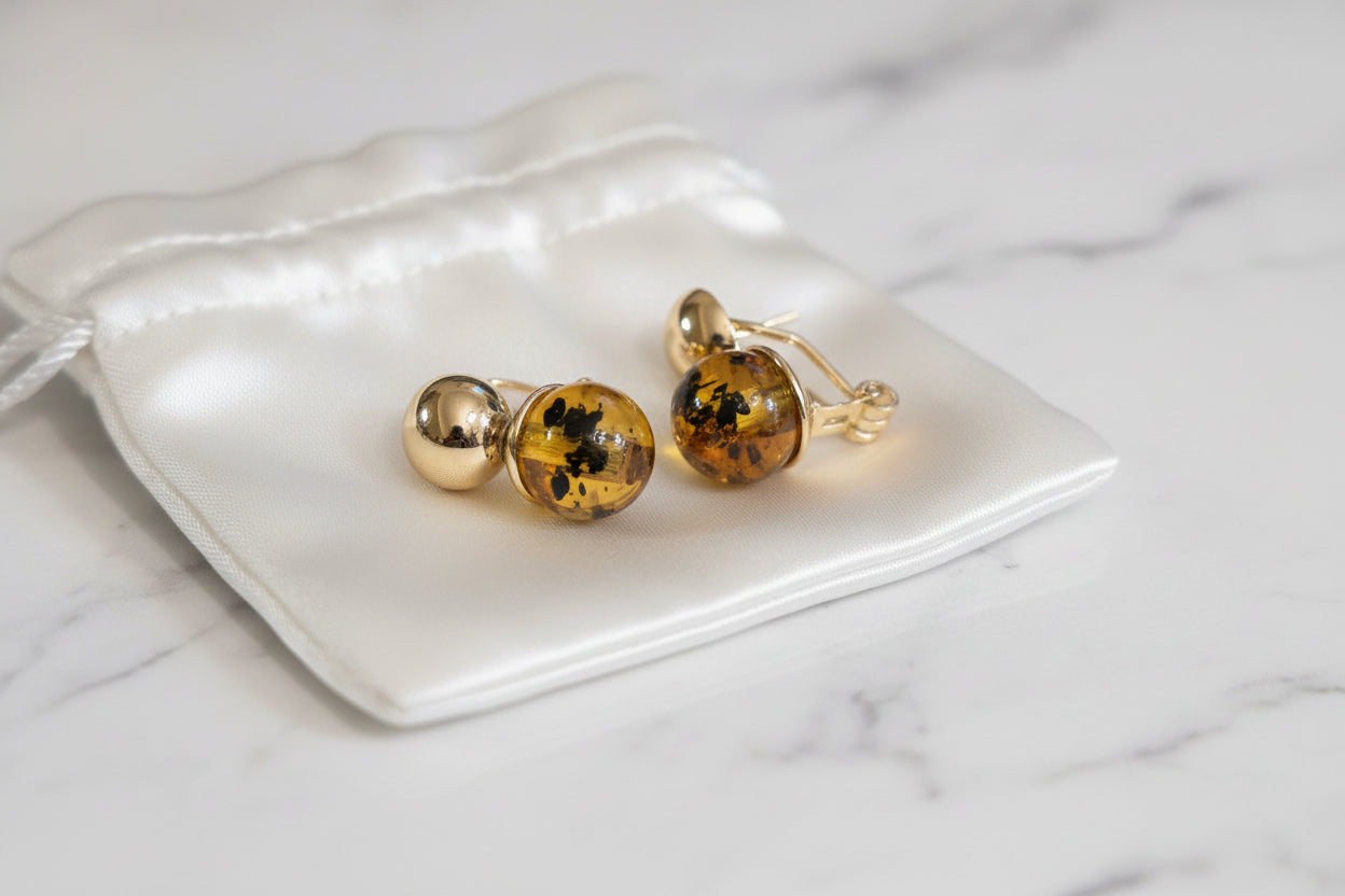 Dominican Gemstone Earrings – Amber & Larimar | Aretes de Gemas Dominicanas – Ámbar y Larimar Doble bola #18 15555