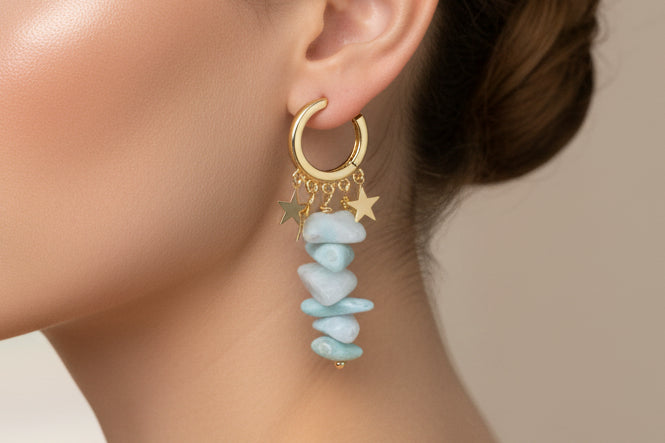 Argollas Artesanales de Larimar y Ámbar | Larimar & Amber Earrings