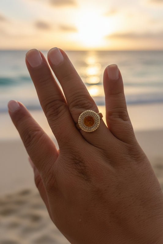 Anillo Artesanal de Ámbar y Larimar Dominicano Laminado en Oro 14k | Talla #8
