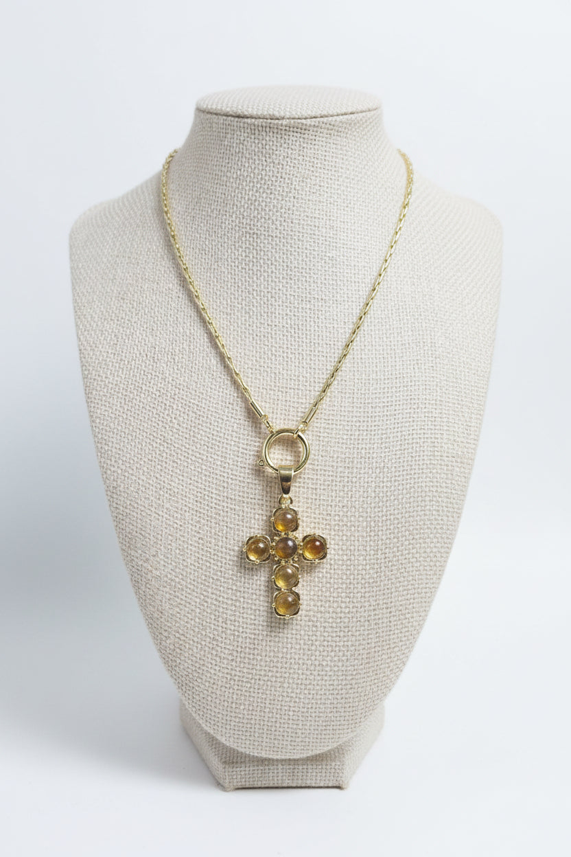 Amber & Larimar Cross Necklace with Flower Center Stone — Gold Plated | Collar Cruz Chapado en Oro con Ámbar, Larimar y Centro Flor