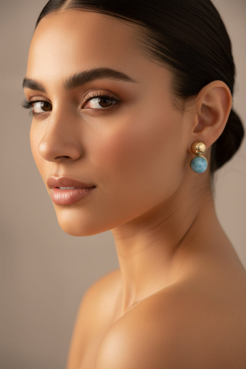 Dominican Gemstone Earrings – Amber & Larimar | Aretes de Gemas Dominicanas – Ámbar y Larimar Doble bola #18 15555