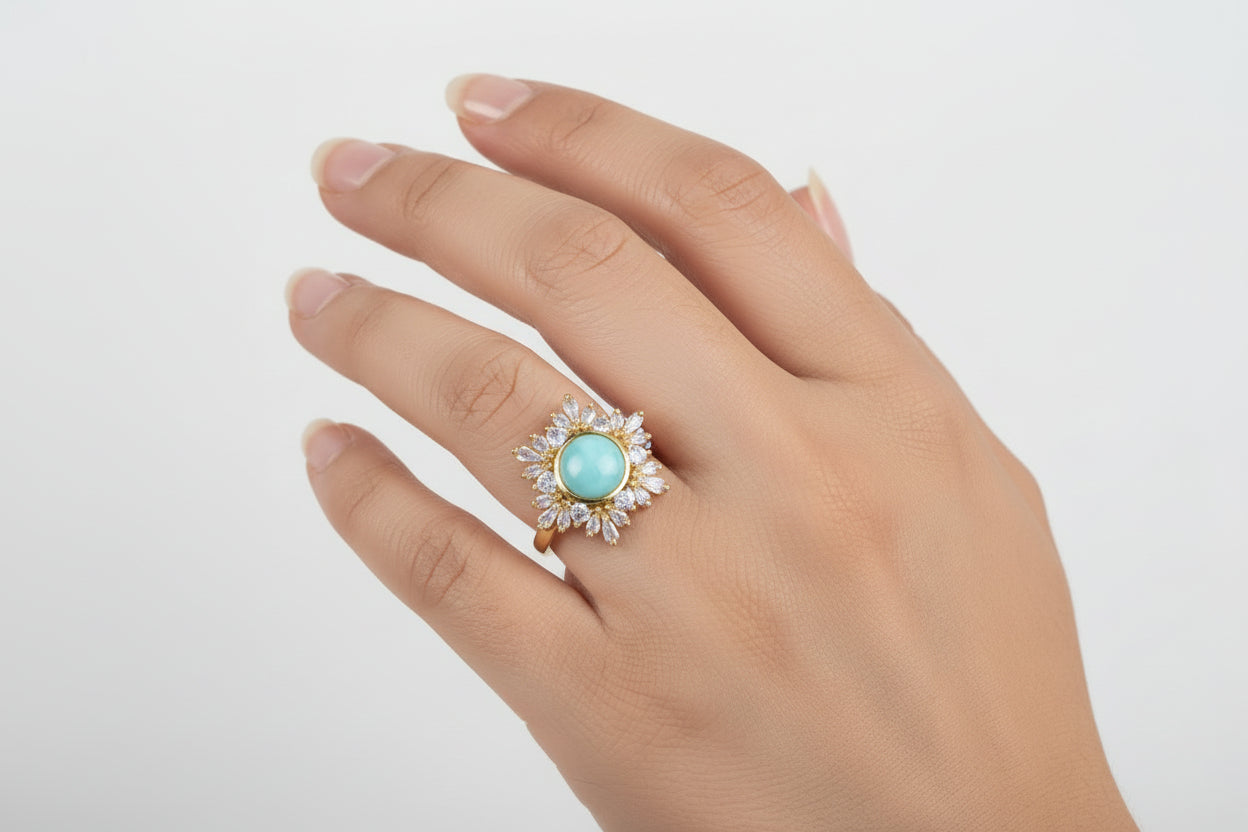 Anillo Ajustable de Larimar y Circonia Cúbica | Adjustable Larimar & Cubic Zirconia Ring