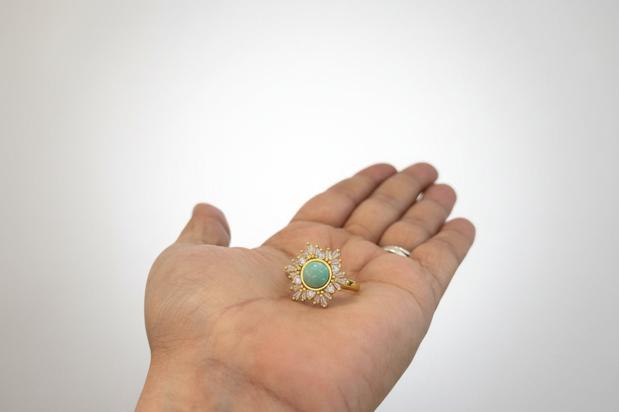 Anillo Ajustable de Larimar y Circonia Cúbica | Adjustable Larimar & Cubic Zirconia Ring