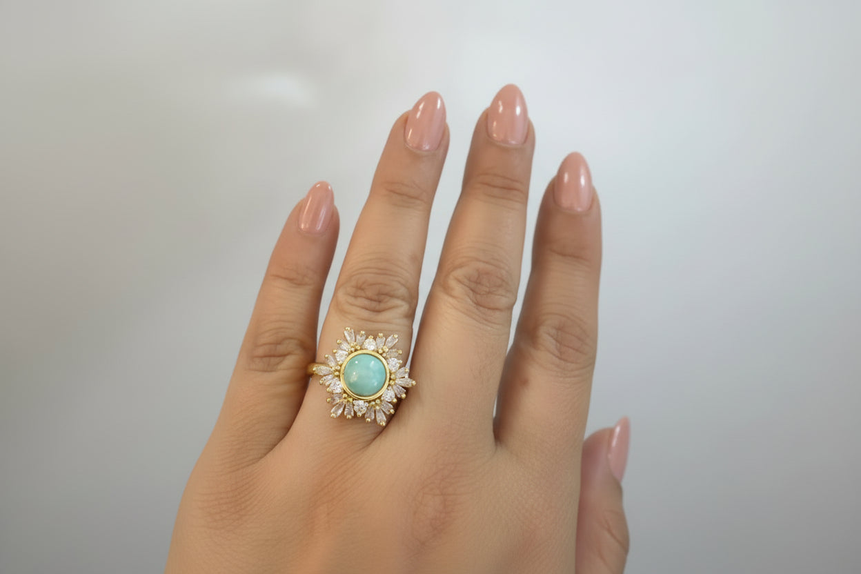 Anillo Ajustable de Larimar y Circonia Cúbica | Adjustable Larimar & Cubic Zirconia Ring