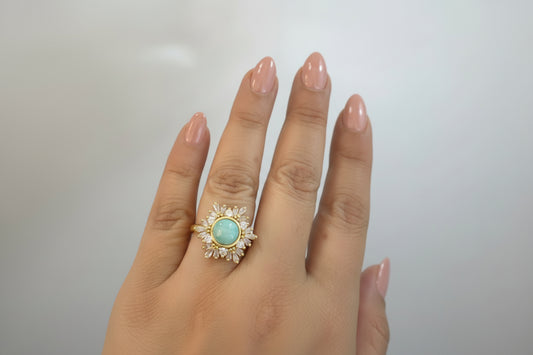 Anillo Ajustable de Larimar y Circonia Cúbica | Adjustable Larimar & Cubic Zirconia Ring