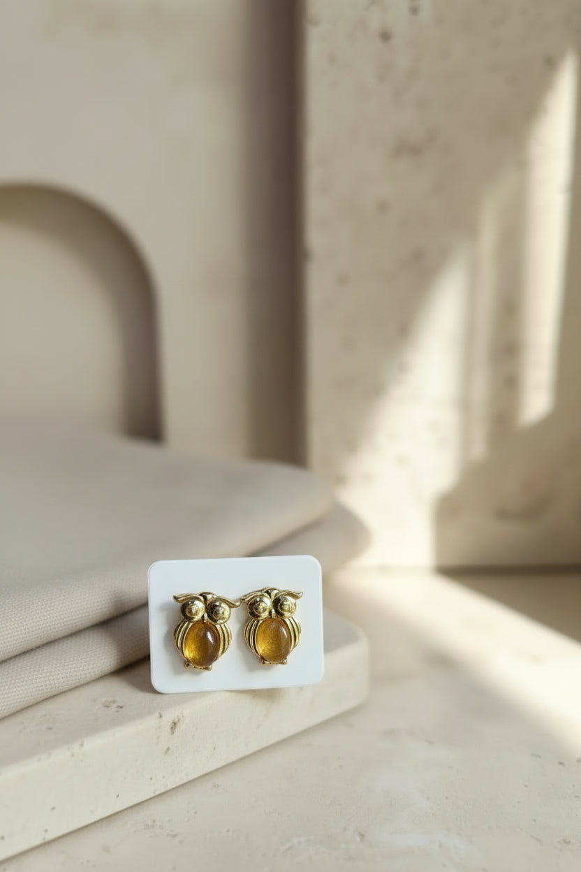 Aretes Búho de Ámbar Dominicano — Owl Earrings in Dominican Amber