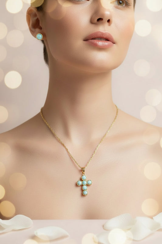 Amber & Larimar Cross Necklace with Flower Center Stone — Gold Plated | Collar Cruz Chapado en Oro con Ámbar, Larimar y Centro Flor