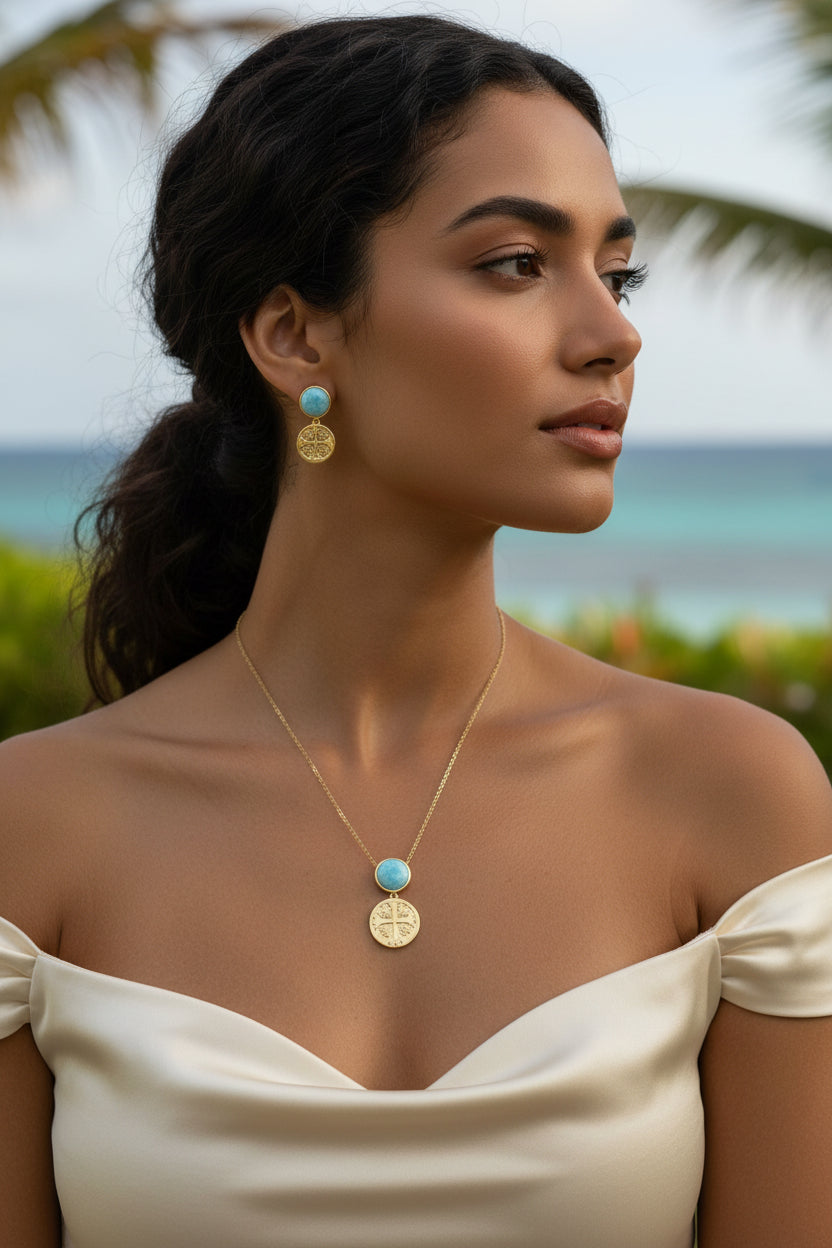 Collar Larimar y Moneda | Gold-Plated Larimar & Coin Necklace 10260