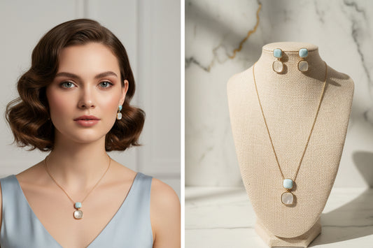 Square Larimar & Mother-of-Pearl Set | Collar y Aretes Chapados en Oro